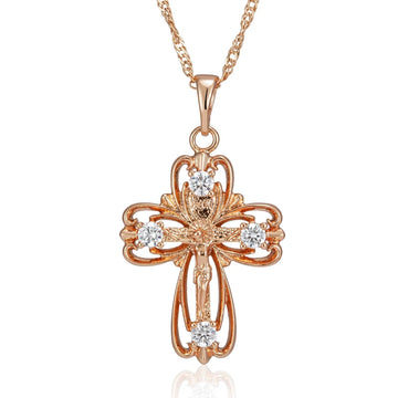Amazing 14K Filled Rose Gold Cross Crucifix Jesus AAA Zircon Diamonds Necklace - Classic Simple Jewellery